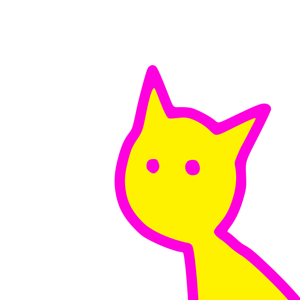 This is contyk's profile picture!  It's a simple drawing of a yellow cat with a magenta outline on a white background.  Curiously, its eyes are also magenta.  The cat's facial expression is hard to decipher, mainly because it doesn't really have a face.  It's pretty blank.  It's looking to the left side of the image.  What does it see?